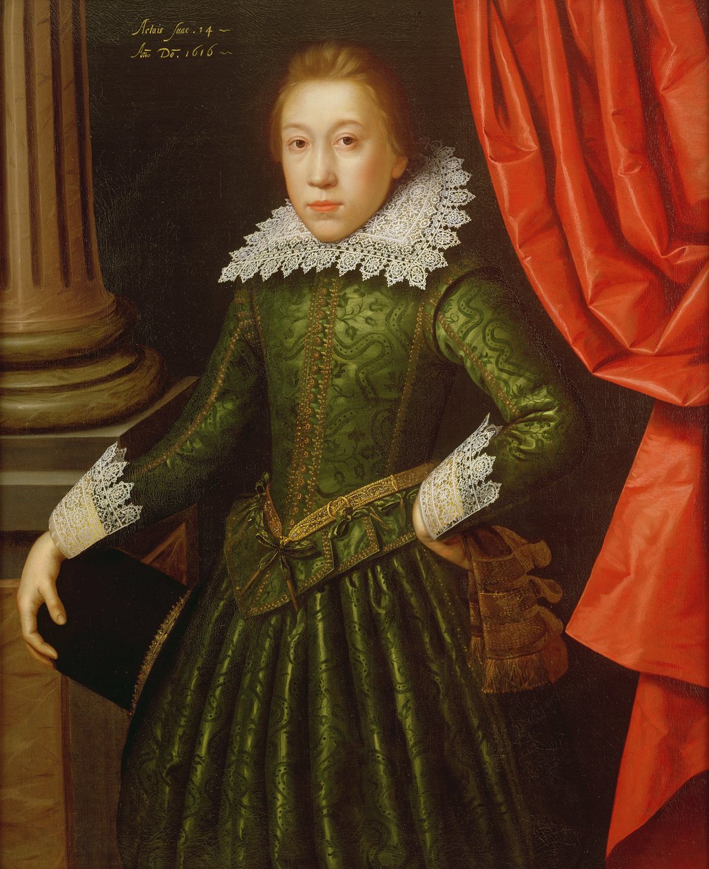 Muotokuva de Lignen suvun pojasta, 1616 (yksi pariskunnasta) (katso myös 142777) tekijältä Marcus Gheeraerts