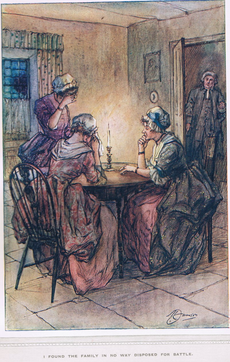 "Löysin, että perhe ei millään tavalla halunnut taisteluun", kuva Oliver Goldsmithin teoksesta "The Vicar of Wakefield", n. 1910 tekijältä Margaret Jameson