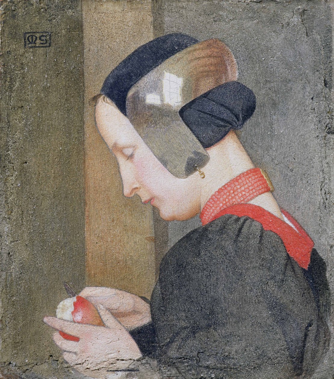 Muotokuva naisesta kuorimassa omenaa (tempera gessoed-paneelissa) tekijältä Marianne Stokes