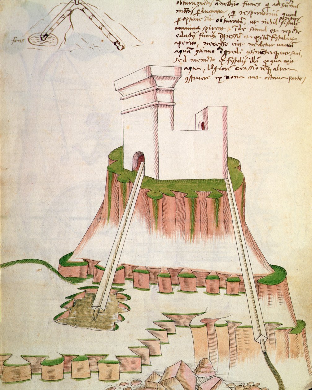 Suunnittelu veden syöttämiseen rakennukseen kaivoista vettä imevien putkien avulla, De Machinisin kuva (kynä ja muste ja wc paperilla) tekijältä Mariano di Jacopo 1382 c.1453 after Mariano di Jacopo 1382 c.1453 after