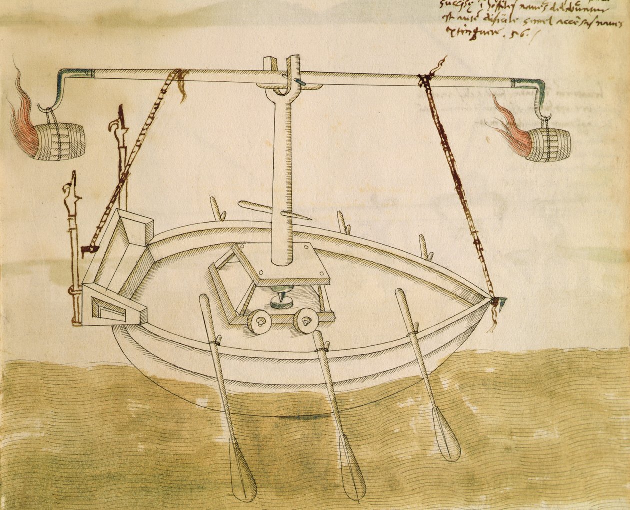 Suunnittelu lämmön hyödyntämiseksi navigoinnin parantamiseksi, De Machinisin kuva (kynä ja muste ja wc paperilla) tekijältä Mariano di Jacopo 1382 c.1453 after Mariano di Jacopo 1382 c.1453 after