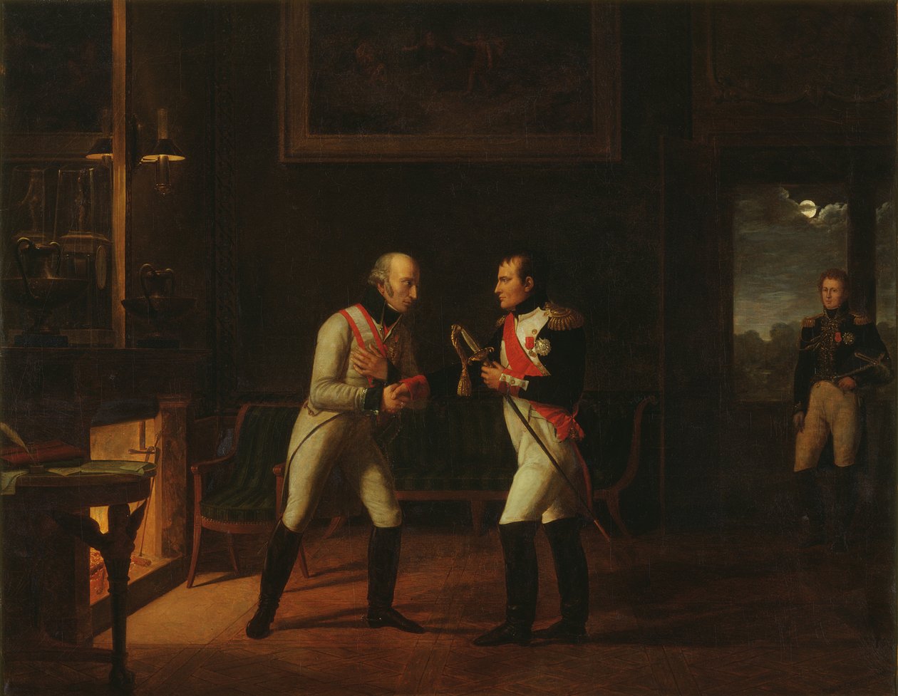 Napoleon Bonaparten (1769-1821) ja Itävallan arkkiherttua Kaarlen (1771-1847) tapaaminen Stammersdorfissa 17. joulukuuta 1808 tekijältä Marie Nicolas Ponce Camus