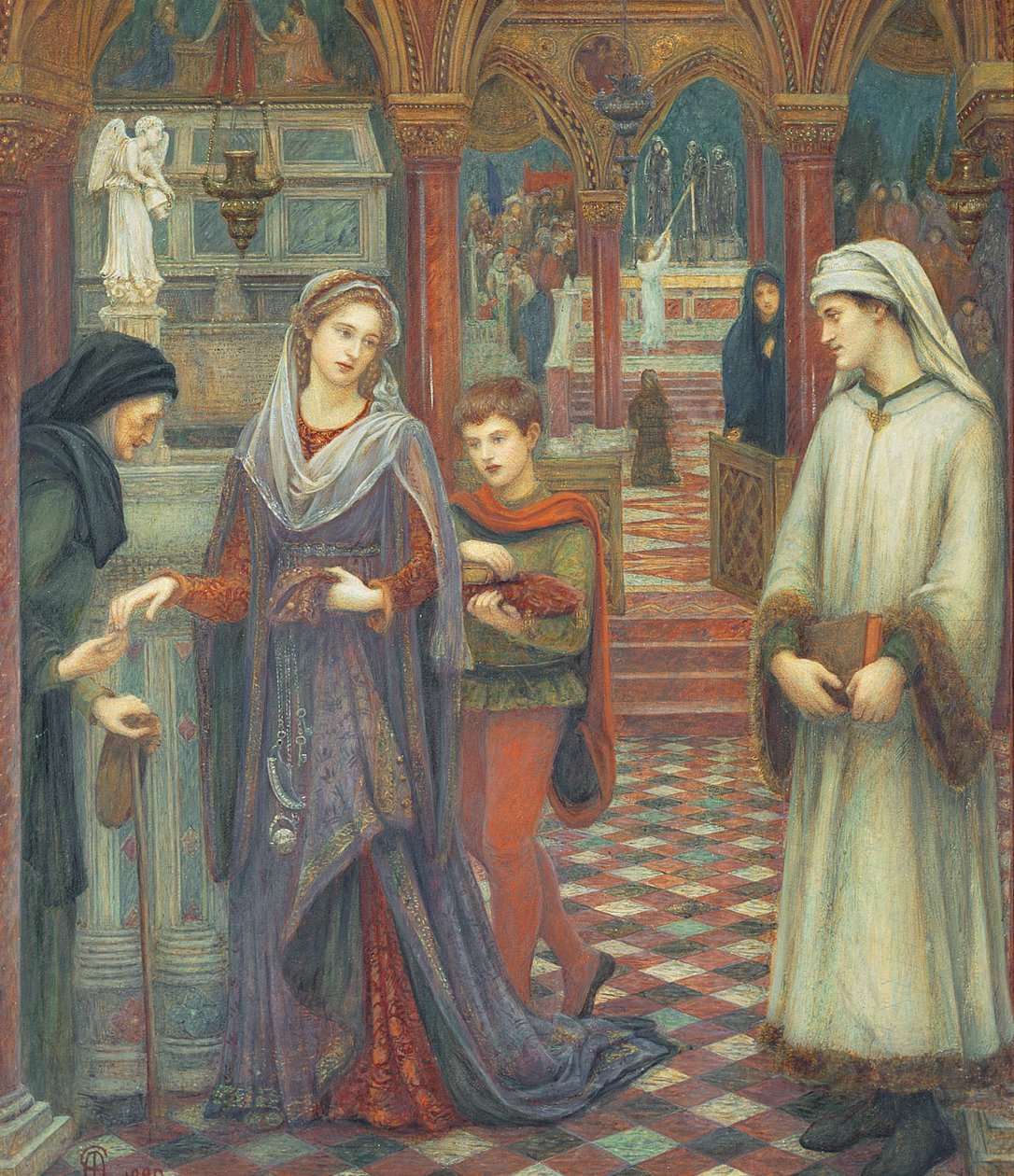 Dante ja Beatrice, 1880 (wc ja vartaloväri paperilla) tekijältä Marie Spartali Stillman