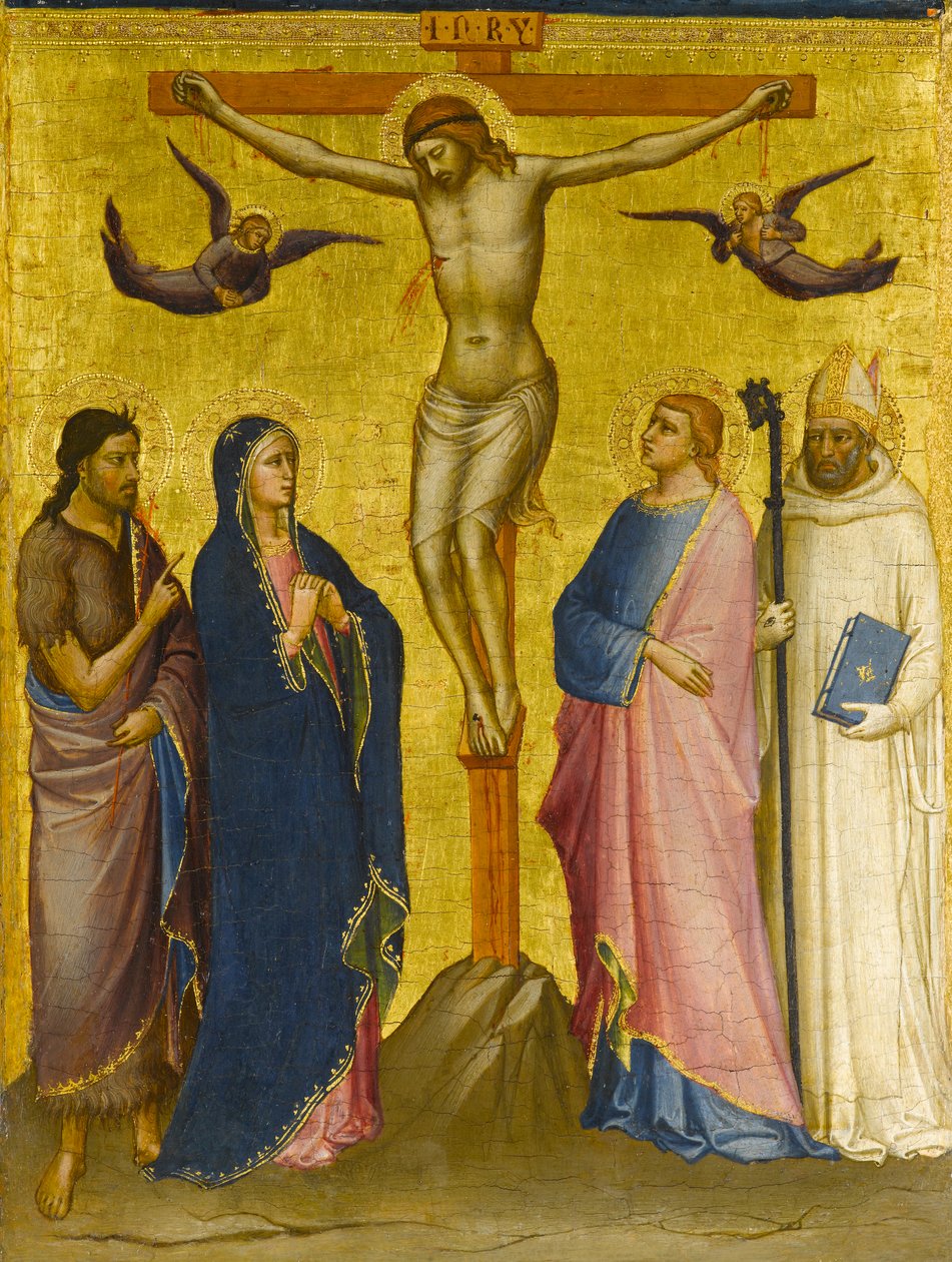 Ristiinnaulitseminen Pyhän Johannes Kastajan, Neitsyt, Pyhän Johannes evankelistan ja kartausialaisen pyhän kanssa, n. 1385-1390 (tempera ja kultalehti paneelissa) tekijältä Mariotto di attr.to Nardo