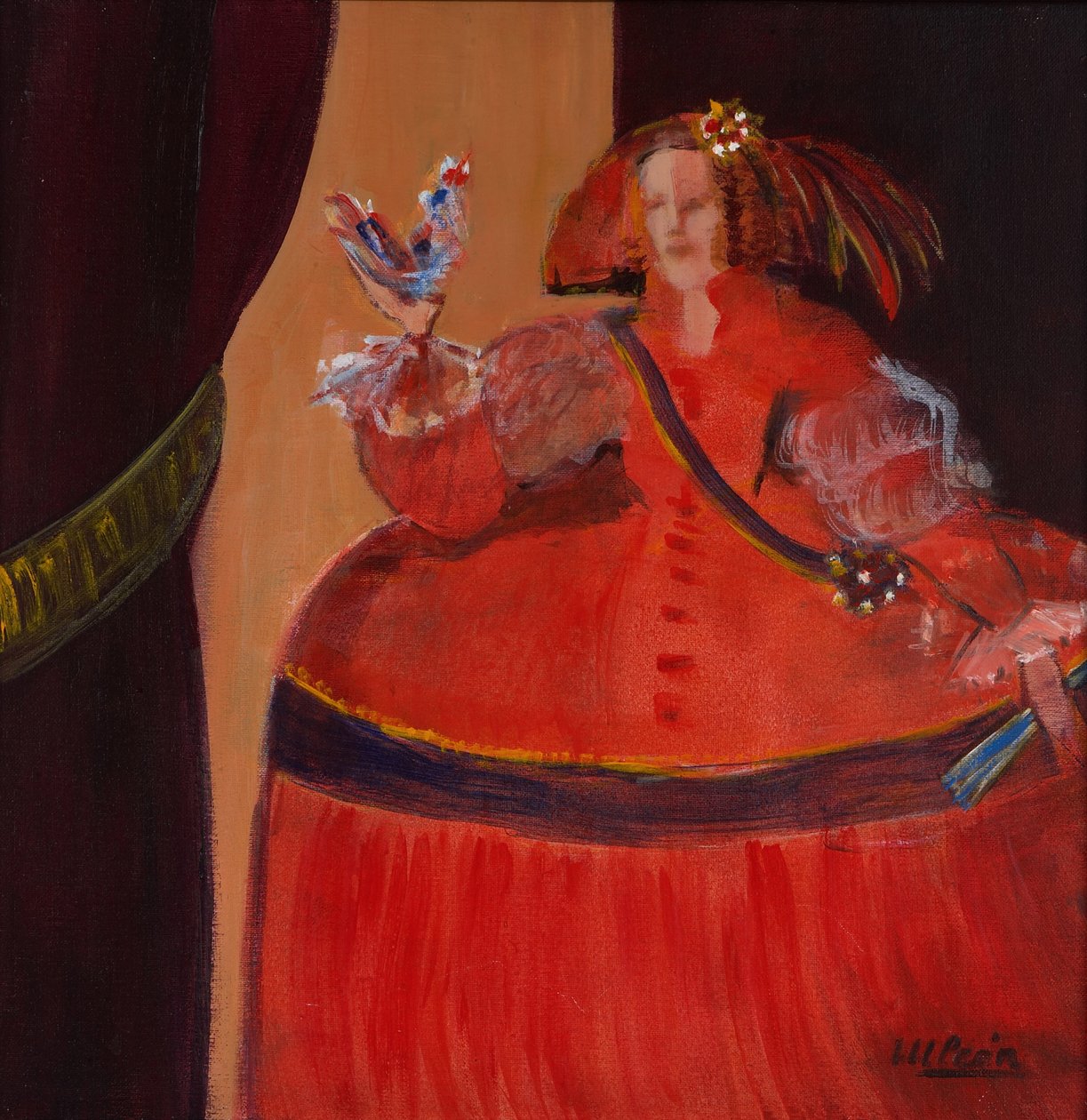 Menina in Red with Small Cockerel (öljy & akryyli kankaalle) tekijältä Marisa Leon