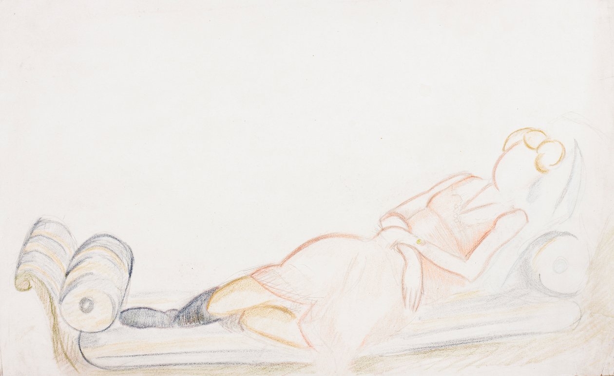 Christine Mavrogordato leposohvalla, n. 1928 (kynä ja värikynä paperilla) tekijältä Mark Gertler