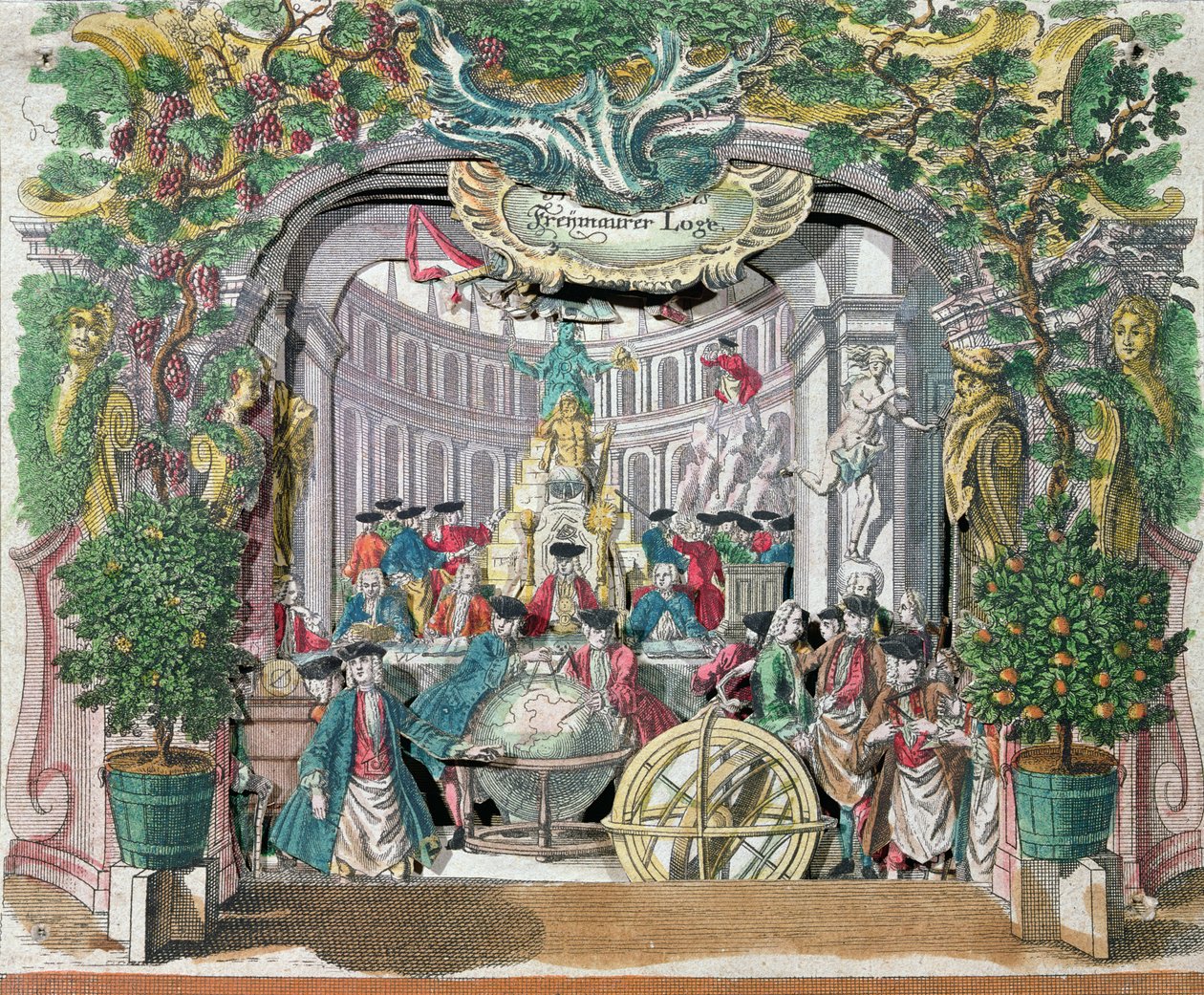Taitettava vapaamuurarien loosin "peep Show", 1700-luvun puoliväli (värikaiverrus) tekijältä Martin Engelbrecht