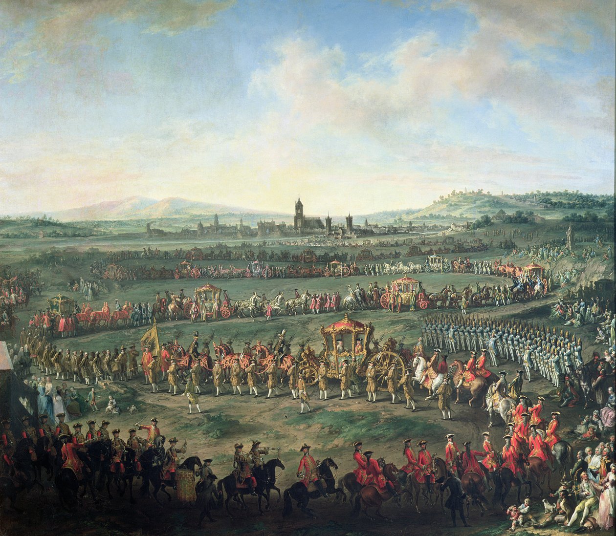 Keisari Francis I:n (1708-65) sisäänkäynti Frankfurtiin Joosef II:n (1741-90) seurassa tekijältä Martin II Mytens or Meytens