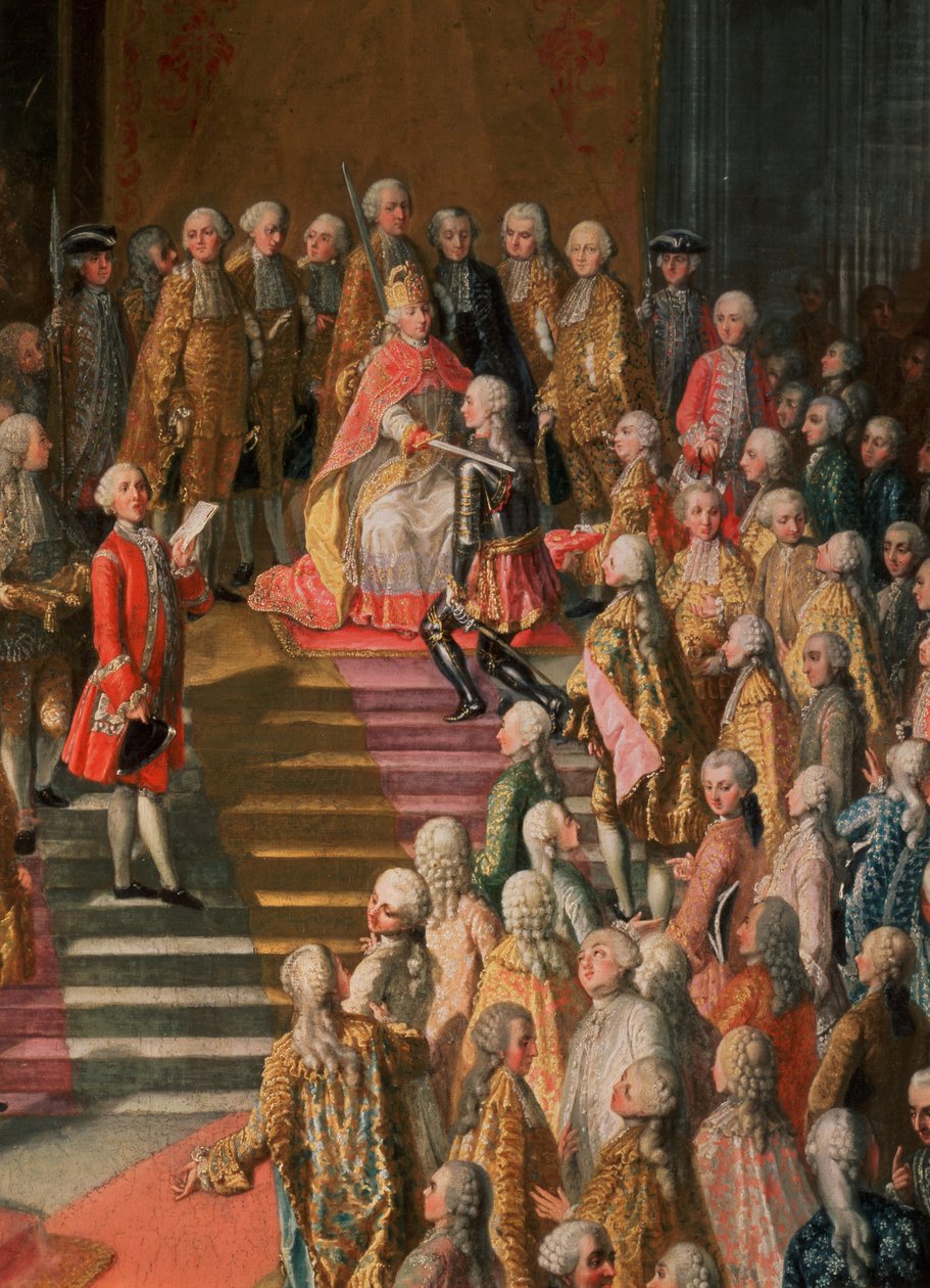 Saksan keisarin Joseph II:n (1741-90) vihkiminen Frankfurtin katedraalissa hänen kruunauksensa jälkeen, 1764 (67401:n yksityiskohta) tekijältä Martin II Mytens or Meytens