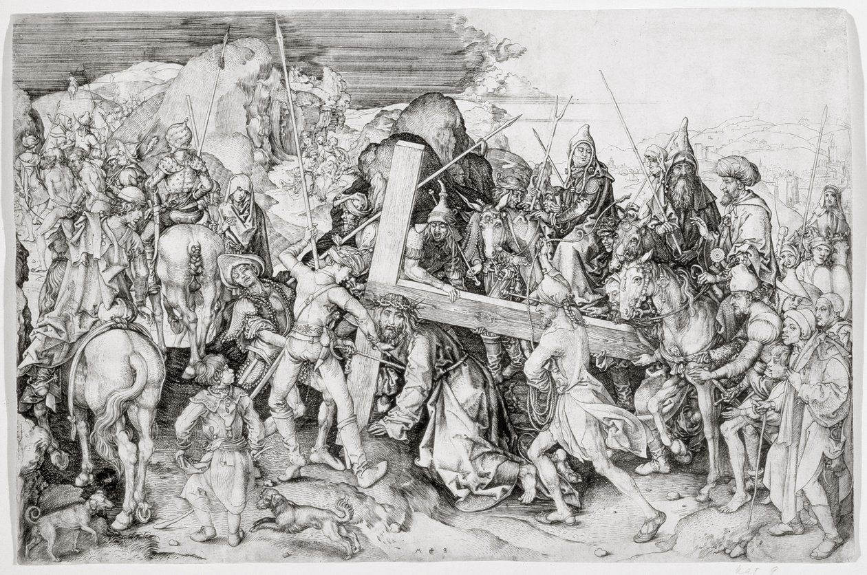 Suuri ristin kantaminen, n. 1474 (viivakaiverrus) tekijältä Martin Schongauer