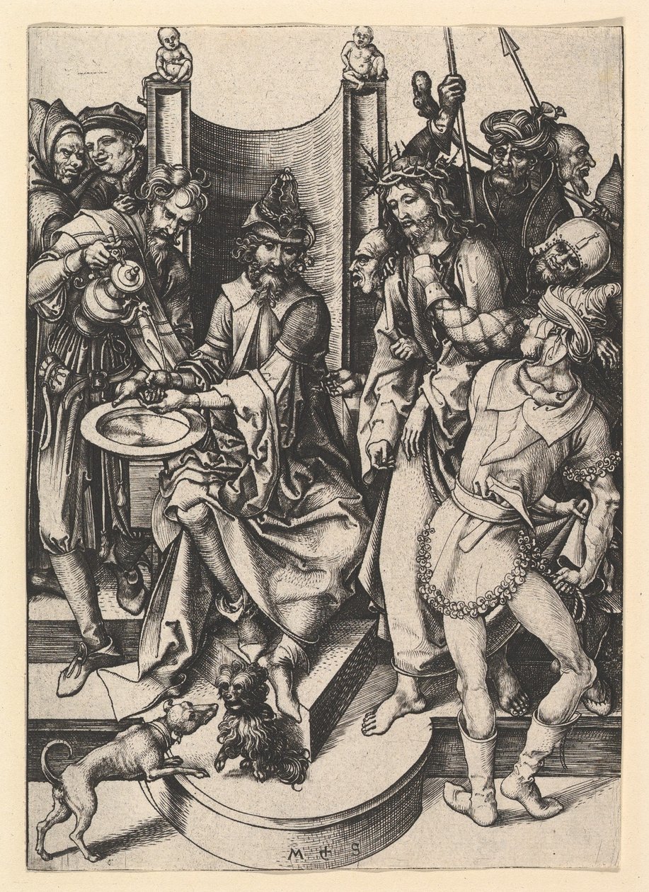 Pilatus pesee kätensä, n. 1435-1491. tekijältä Martin Schongauer