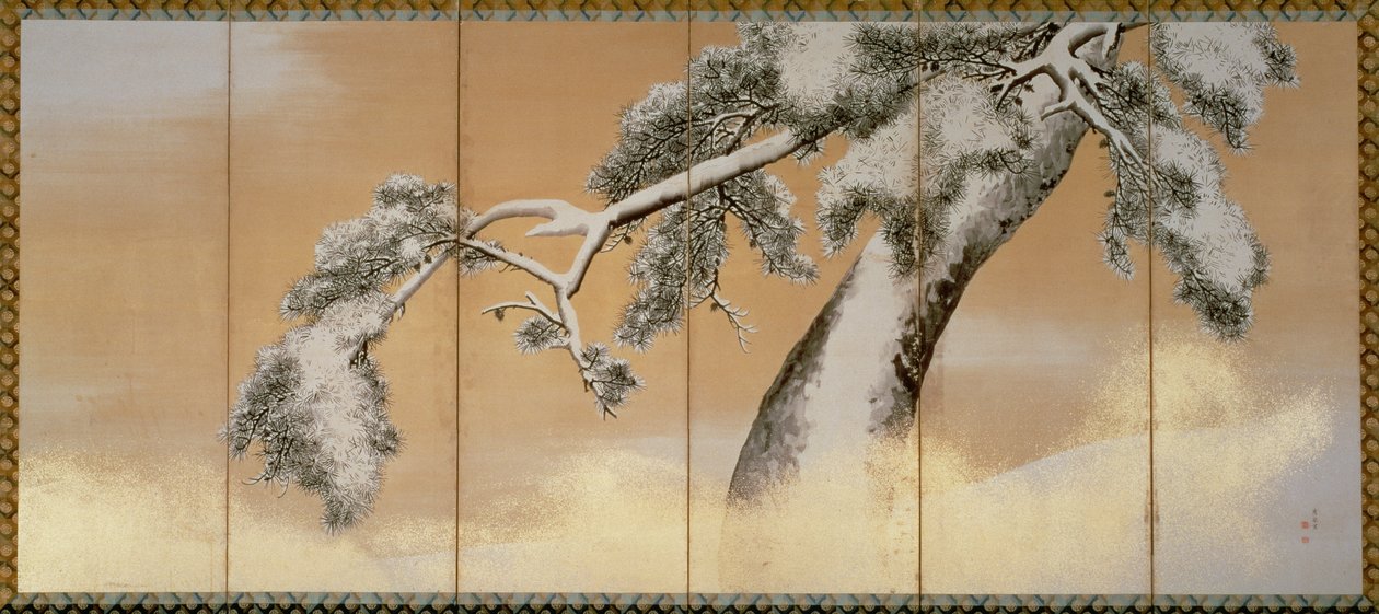 Pines Under Snow (kynä ja muste, väri, kultainen paperi paneelissa) (katso 216568) tekijältä Maruyama Okyo