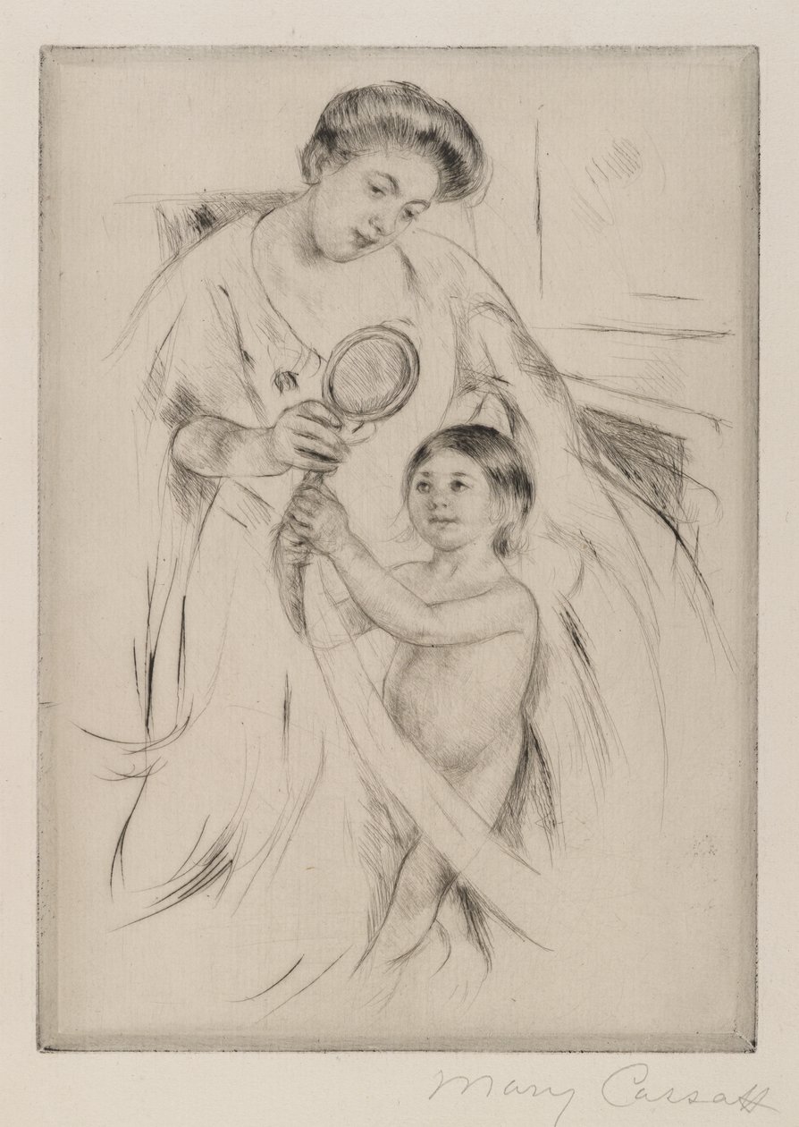 La Glace a Main, n. 1905 (kuivapiste kermanvärisellä paperipaperilla) tekijältä Mary Cassatt