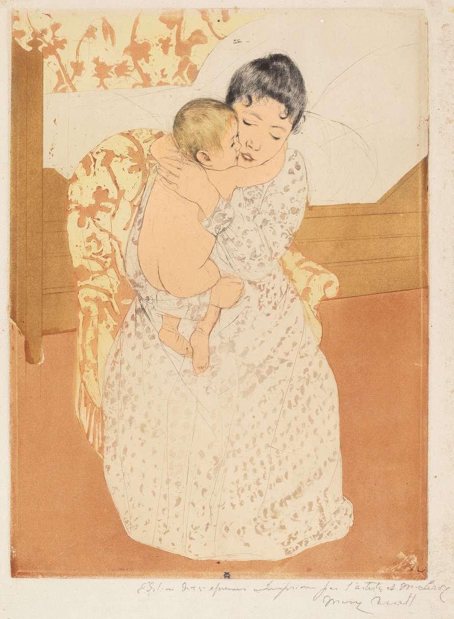 Äidin hyväily, 1890-1 (värillinen kuivakärki ja akvatinta kermanvärisellä paperilla) tekijältä Mary Cassatt