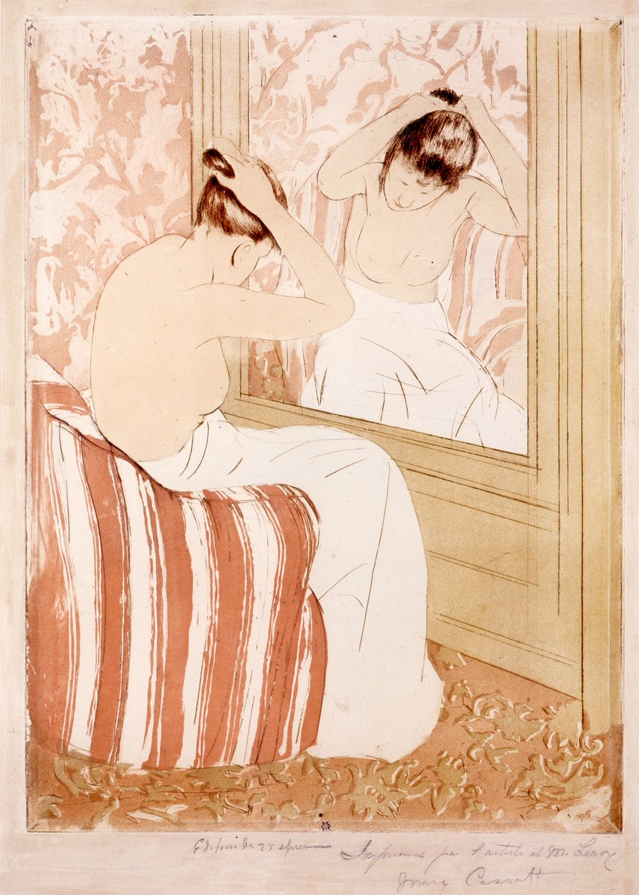 Coiffure (mustetta ja hiiltä paperille) tekijältä Mary Cassatt