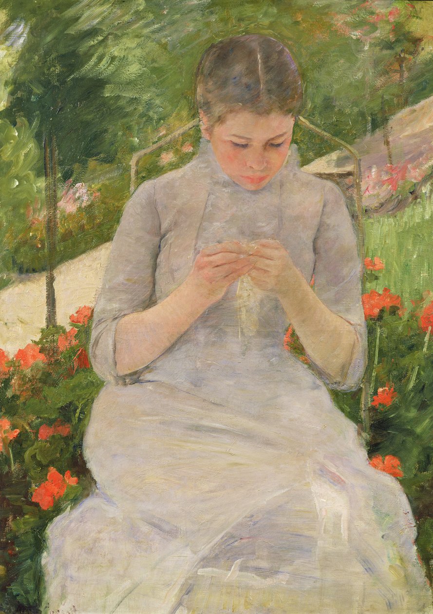 Nuori nainen ompelee puutarhassa, n. 1880-82 tekijältä Mary Cassatt