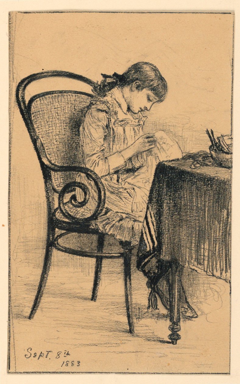 Piirros, Marian Ompelu, 1883 tekijältä Mary A. Hallock Foote