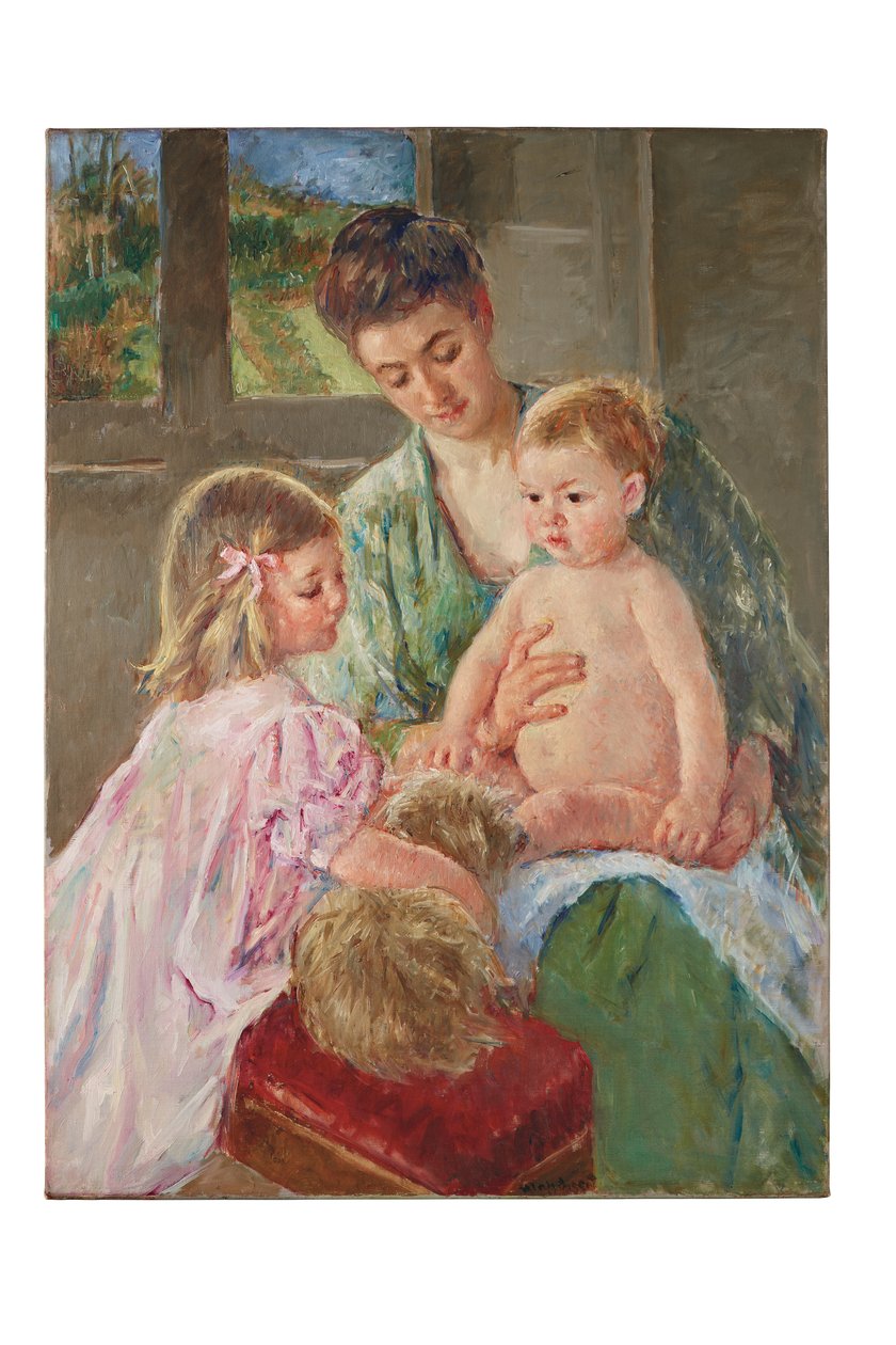 Lapset leikkivät koiran kanssa, 1907 tekijältä Mary Cassatt