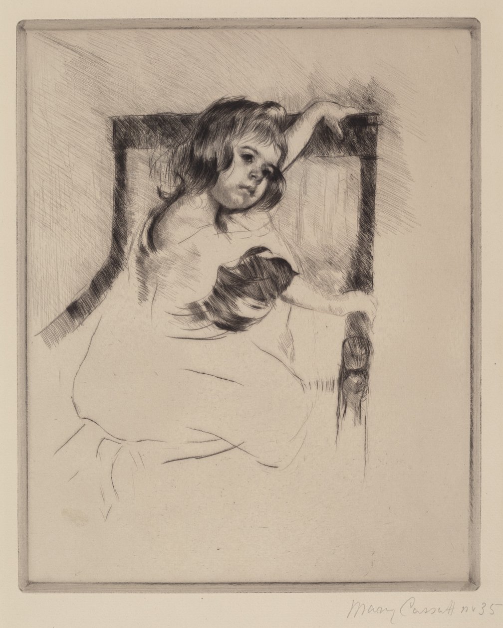 Polvistuminen nojatuolissa, n. 1903. tekijältä Mary Cassatt