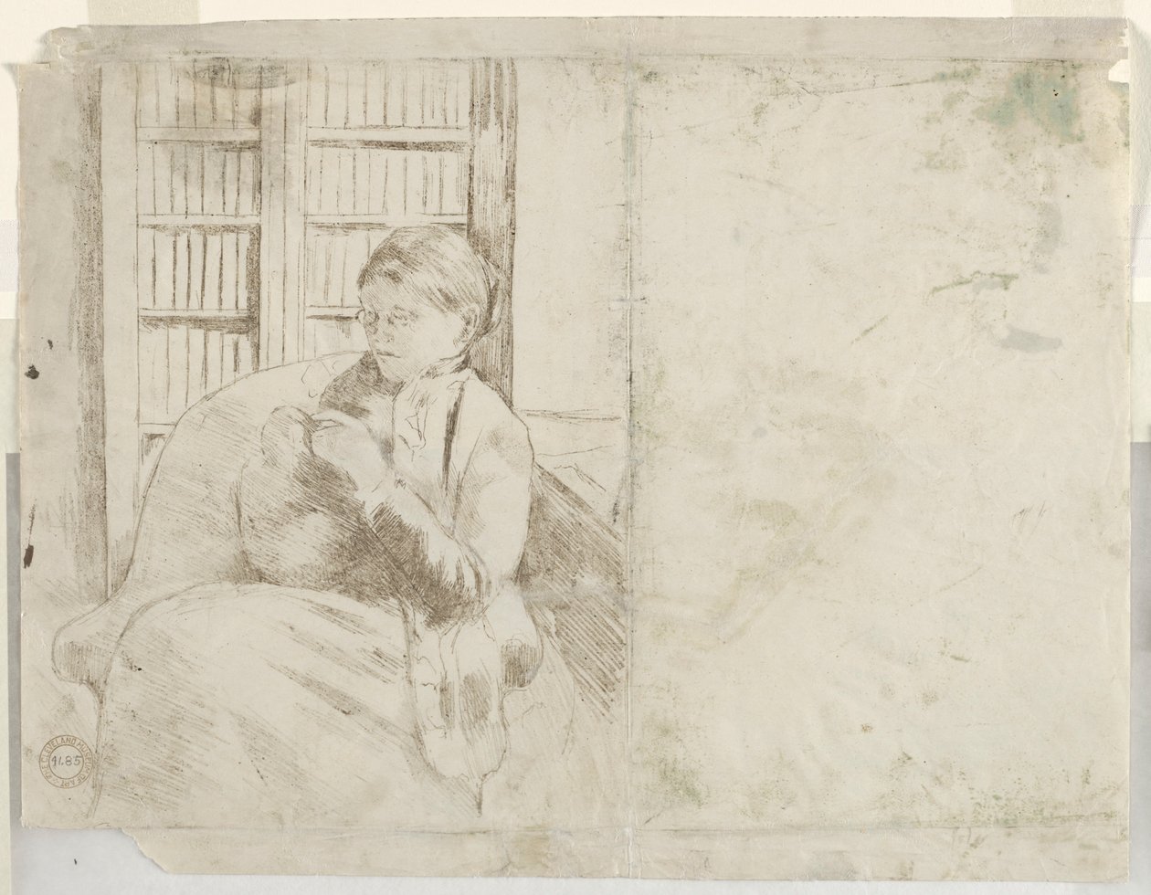 Neulominen kirjastossa verso, n. 1881. tekijältä Mary Cassatt
