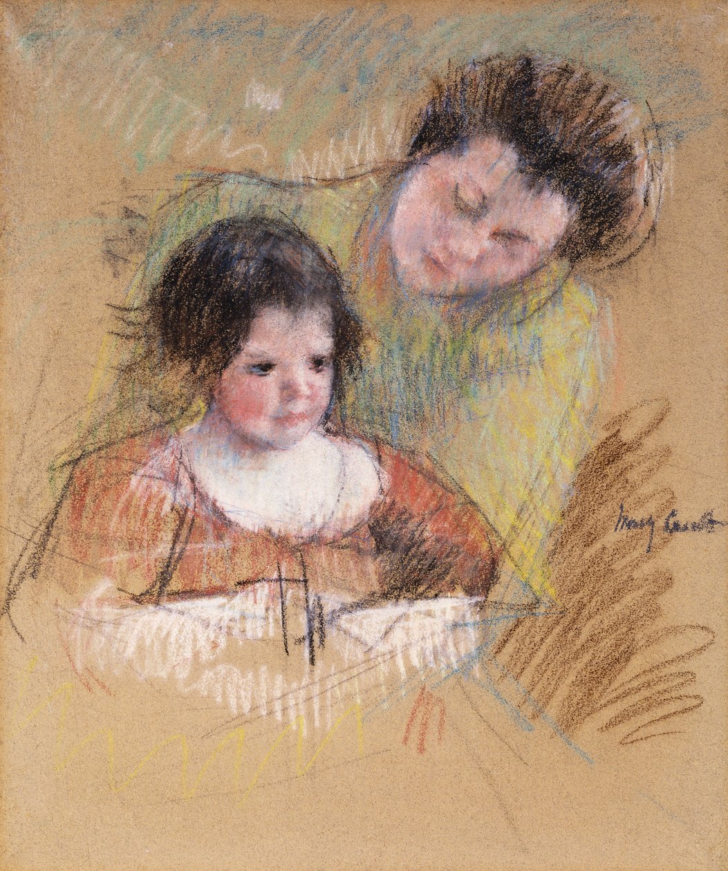 Reine nojaa Margotin olkapäälle, tekijältä Mary Cassatt