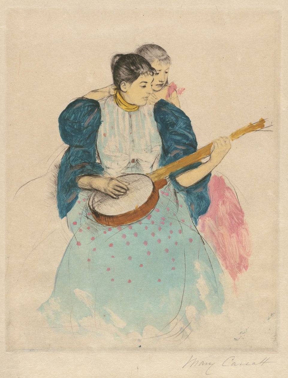 Banjo-oppitunti, c. 1893. tekijältä Mary Cassatt