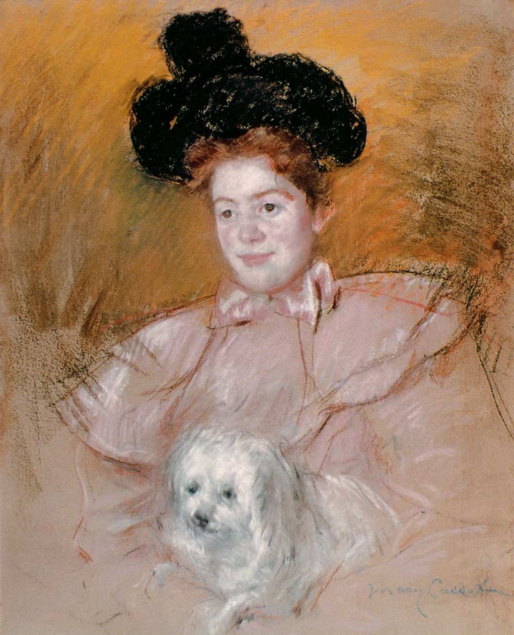 Nainen pitelee koiraa (pastelli paperille) tekijältä Mary Cassatt