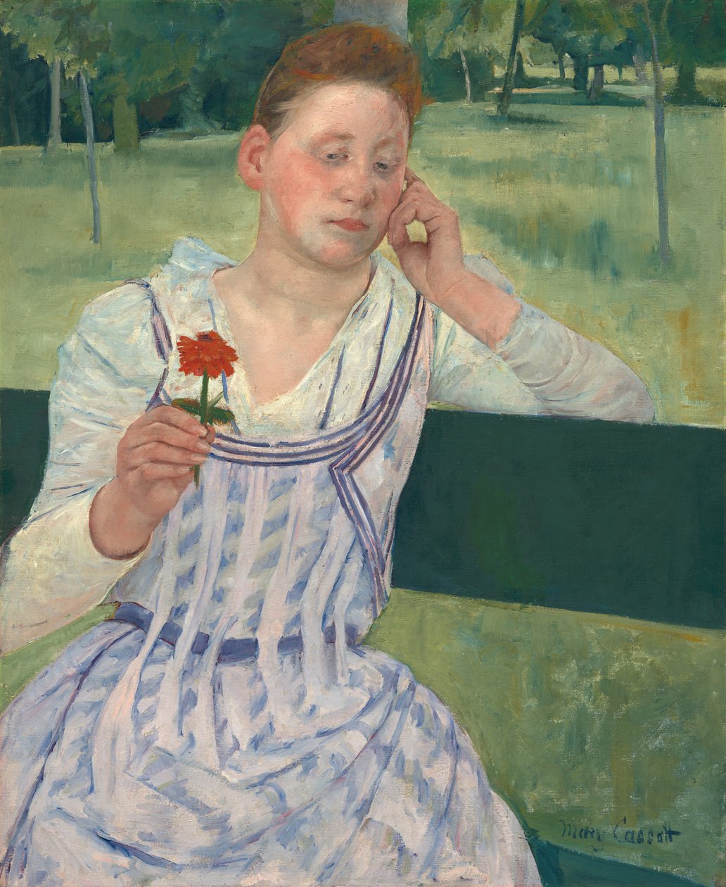 Nainen punaisella zinnialla, 1891. tekijältä Mary Cassatt