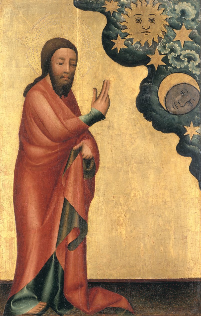 Auringon, kuun ja tähtien luominen, yksityiskohta Grabow-alttaritaulusta, 1379-83 (tempera paneelissa) tekijältä Master Bertram of Minden