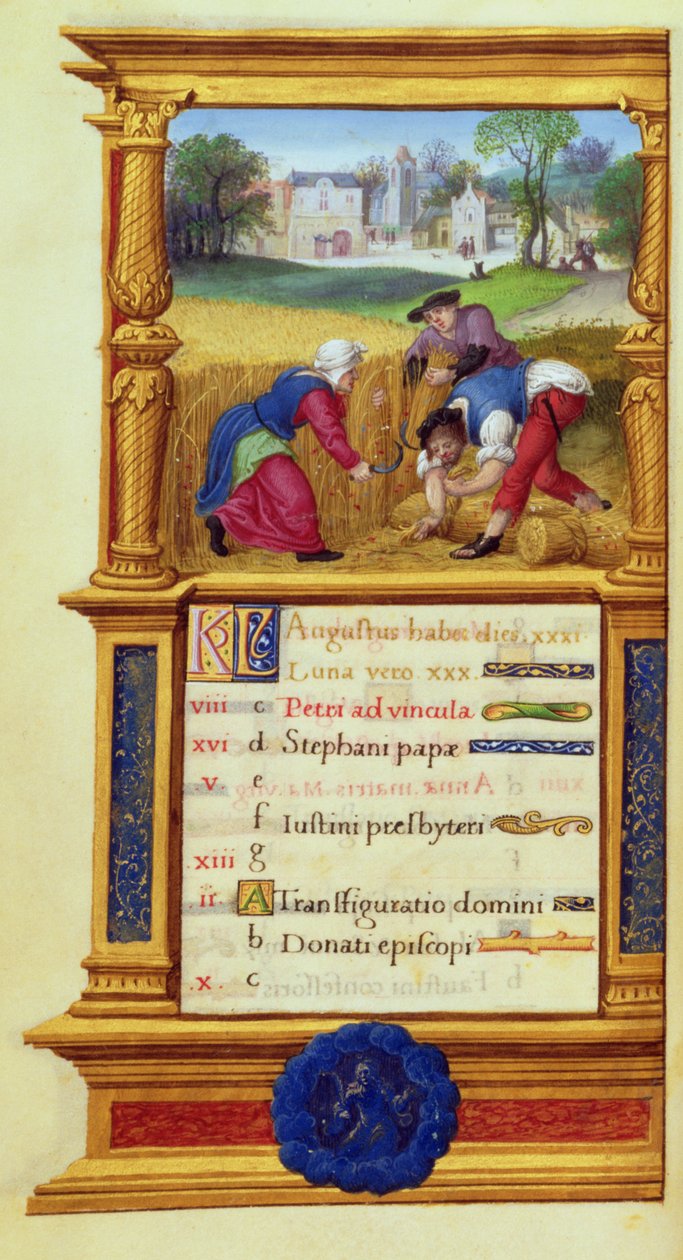MS W.449 fol.9v August Reaping Wheat, n. 1525 tekijältä Master Jean de Mauleon