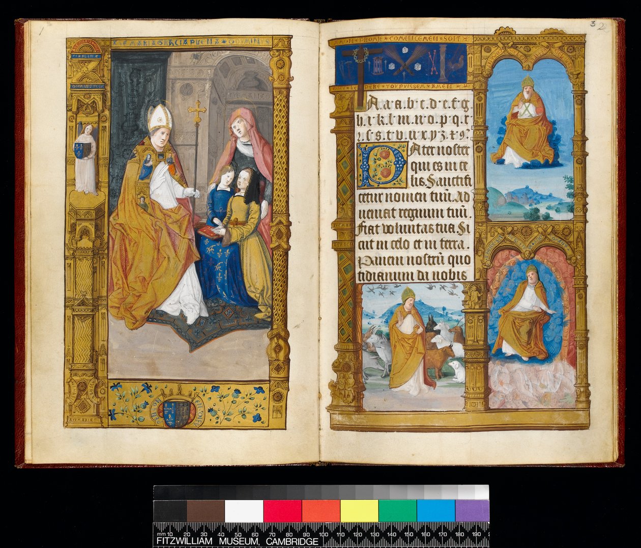 Ms 159, fol 2v und 3r Anne of Bretagne, joka esitettiin St Claudelle, teoksesta The Primer of Claude of France (muste ja kultamuste pergamentilla) tekijältä Master of Antoine de Roche