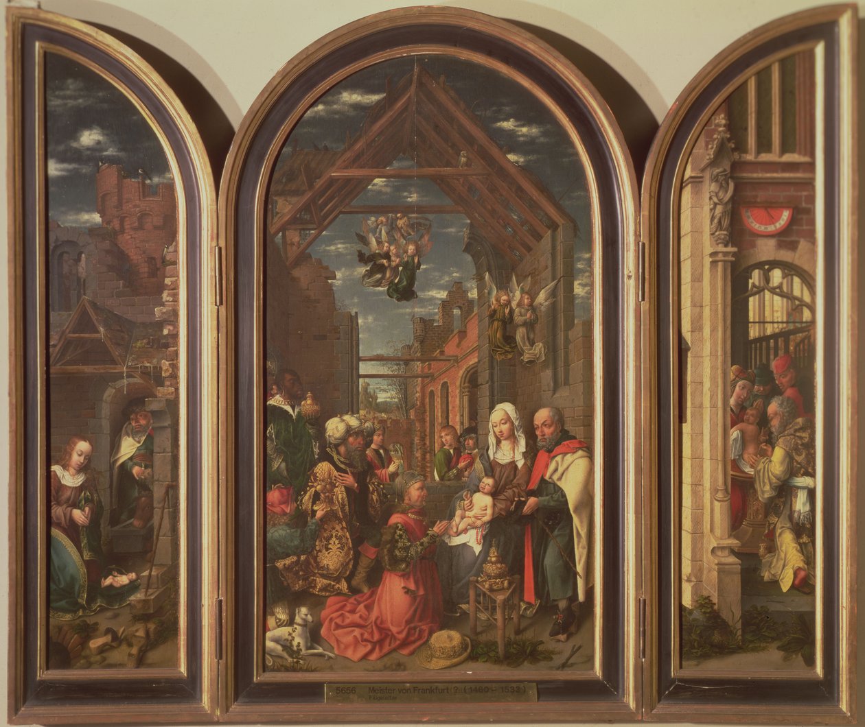 Triptyykki, joka kuvaa tietäjien palvontaa (keskellä), syntymää (vas.) ja ympärileikkausta (oikealla), n. 1512 (paneeli) tekijältä Master of Frankfurt