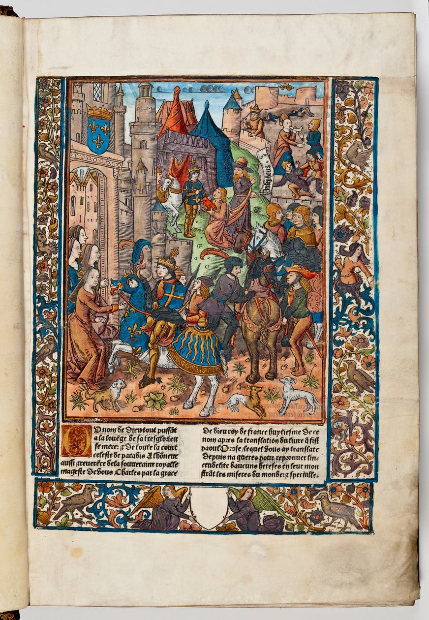 Painomies Verard esittelee kirjansa ranskalaiselle Charles VIII:lle, 1492 (käsinvärinen painatus) tekijältä Jacques de Besancon