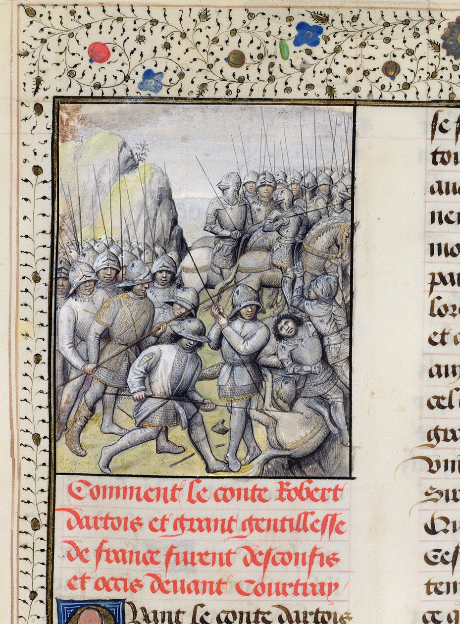 Ms 659 f.137 r. Flanderilaiset kukistavat Ranskan armeijan Kultaisten kannusten taistelussa Courtrain lähellä vuonna 1302, 1477. tekijältä Master of Mary of Burgundy