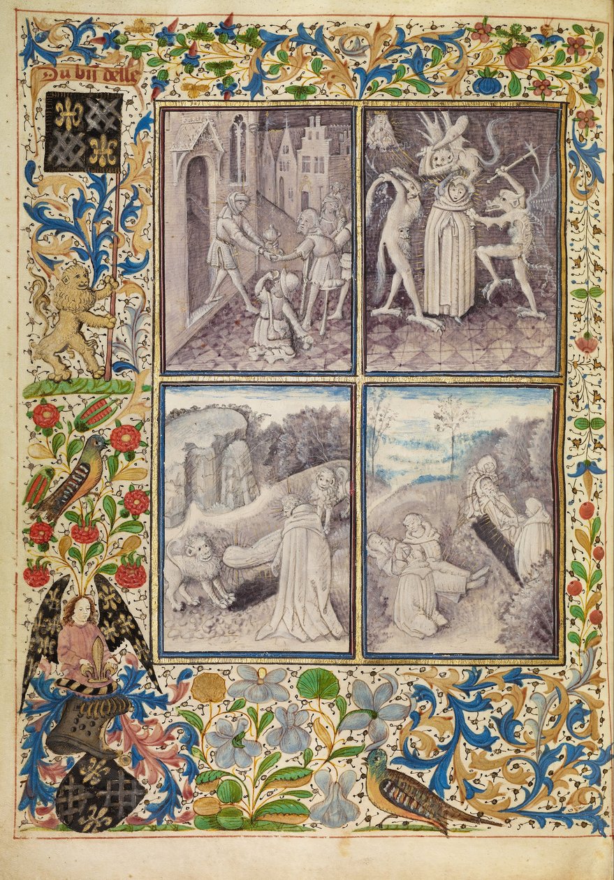 Pyhä Anthony antaa vaatteensa köyhille; Anthony Suffering Temptations; Anthony Hautaa Paavalin autiomaassa; Pyhän Anthonyn kuolema ja hautaaminen tekijältä Master of the Brussels Romuléon or workshop