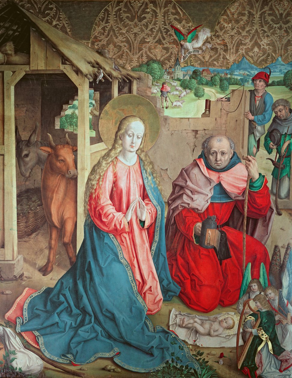 Paimenten palvominen, ylimmän alttarin vasemmanpuoleinen paneeli, 1480. tekijältä Master of the Carnation