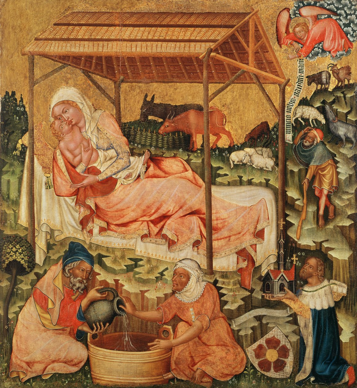 Syntymä, n. 1350 (tempera puulla) tekijältä Master of the Cycle of Vyssi Brod
