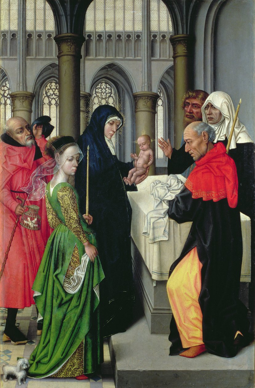 Esitelmä temppelissä, diptyykin vasen paneeli. tekijältä Master of the Legend of St. Catherine