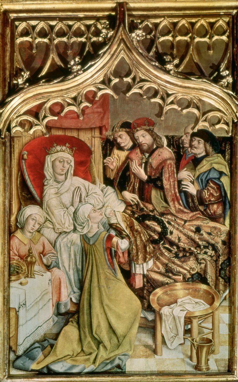 Pyhän Elisabetin alttaritaulu, yksityiskohta, joka kuvaa Pyhän Elisabetin (1207-31) syntymää 1474-77 (tempera paneelissa) tekijältä Master of the Legend of St. Elizabeth