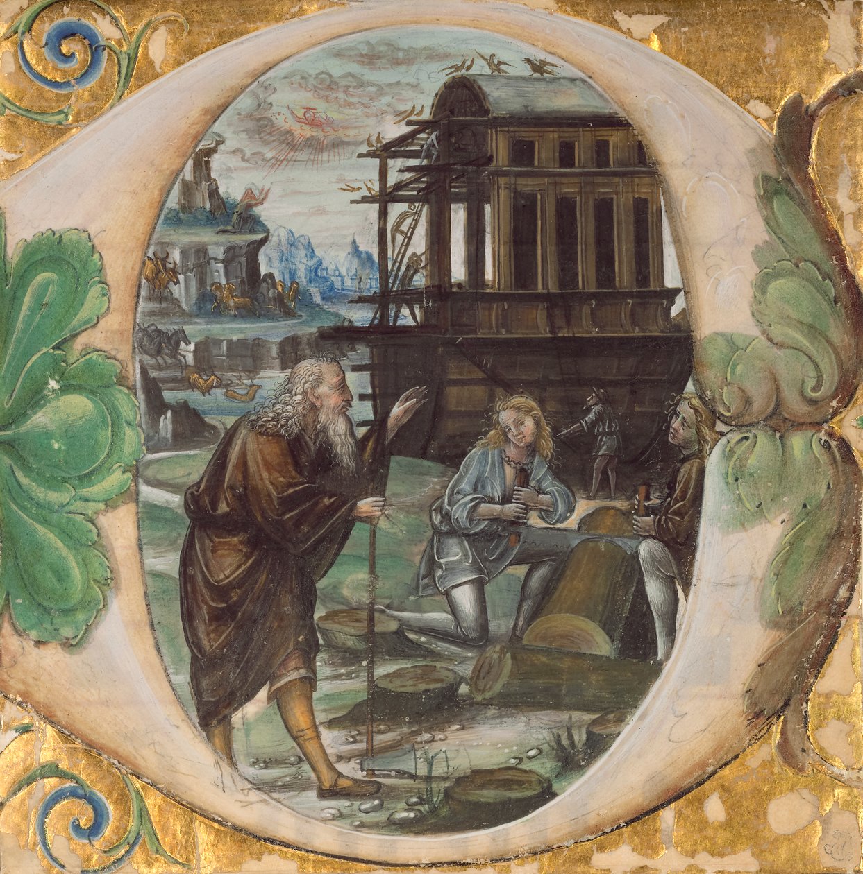 Alkuperäinen D: Nooa ohjaamassa arkin rakentamista, noin 1500 (tempera, lehtikulta ja muste pergamentille). tekijältä Master of the Monogram B.F Master of the Monogram B.F