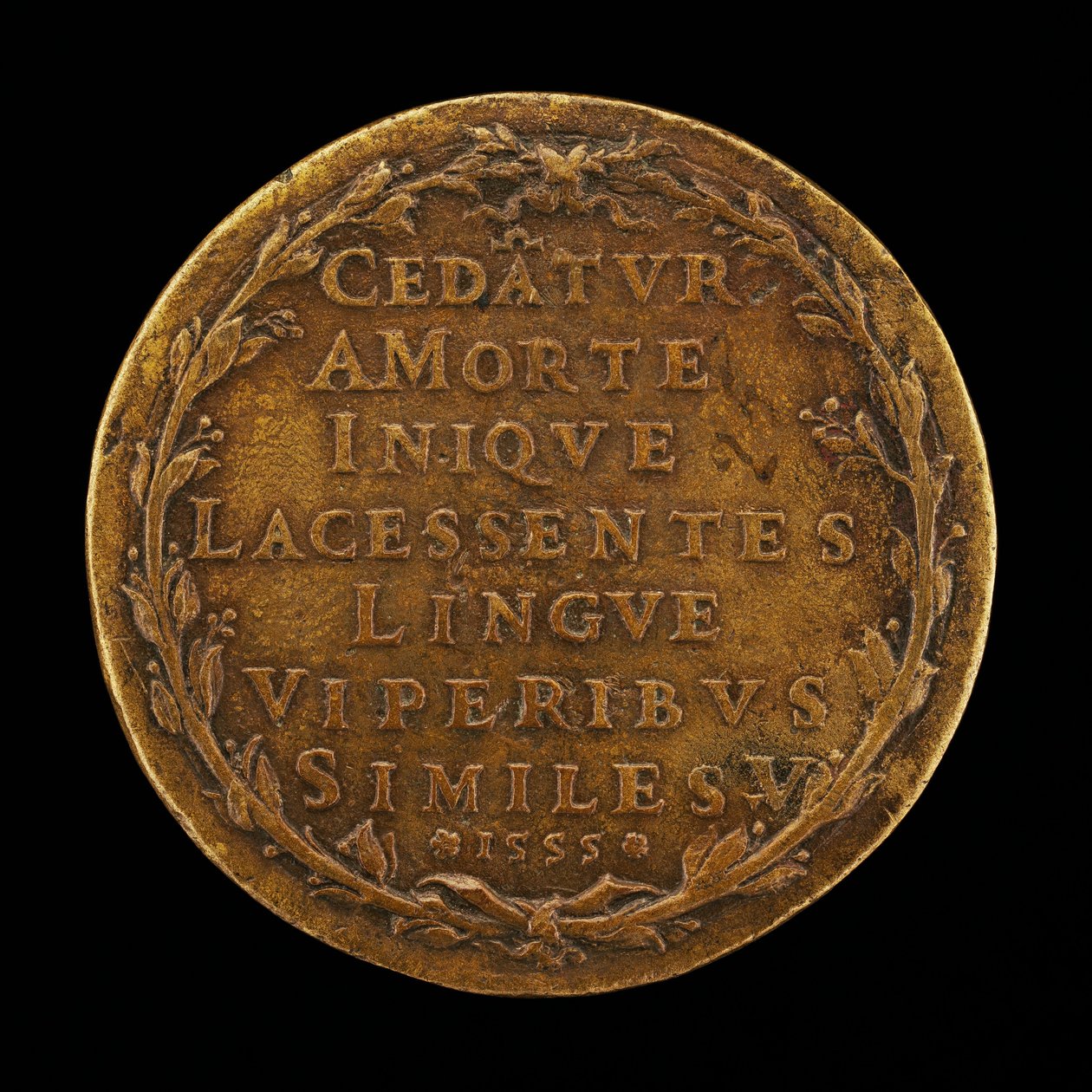 Kirjoitus laakeriseppeleessä [kääntöpuoli], 1555. tekijältä Master I.A.V.F.