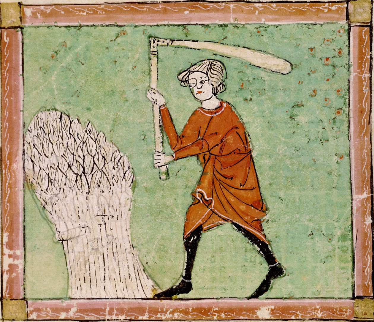 Fol.59r Elokuu: Vehnän puinti tekijältä Matfre Ermengaut