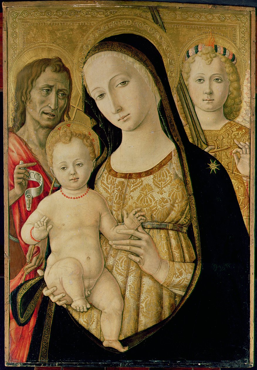 Madonna ja lapsi Pyhän Johannes Kastajan ja Pyhän arkkienkeli Mikaelin kanssa, n. 1485-1495 (tempera paneelissa) tekijältä Matteo di Giovanni di Bartolo