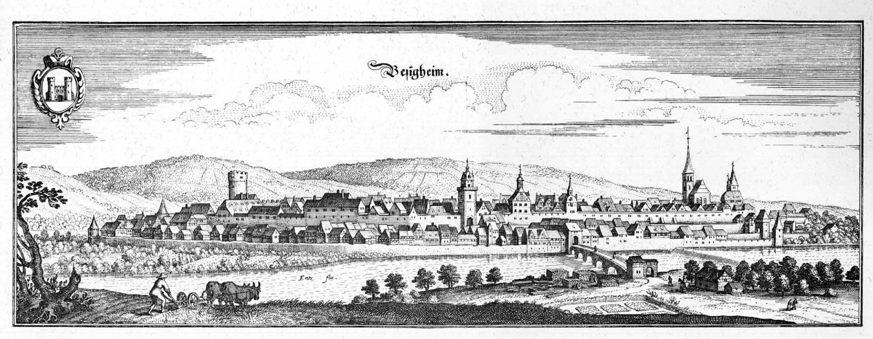 Besigheim - ote Topographia Sueviae -teoksesta (Schwaben). tekijältä Matthaus Merian