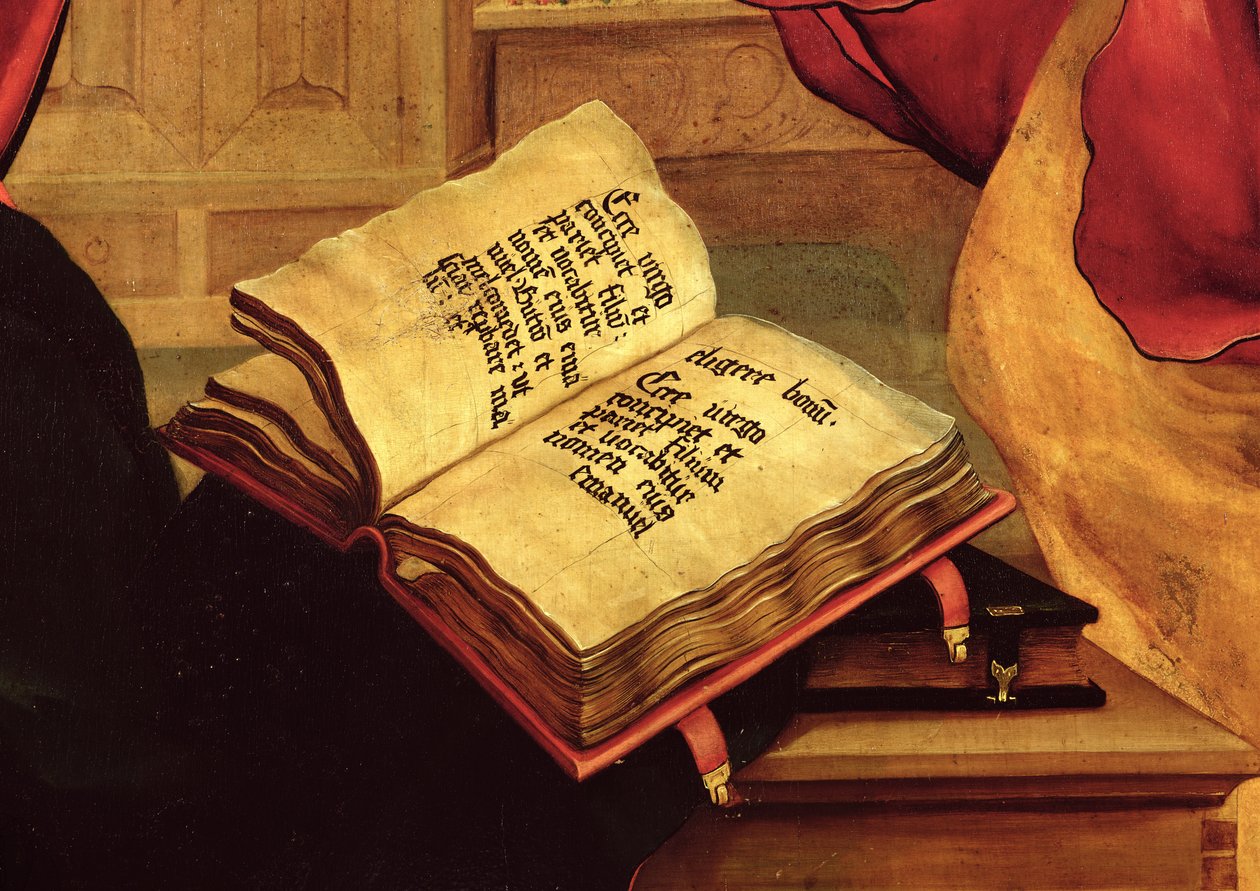 Neitsyen kirja, yksityiskohta Isenheimin alttaritaulun Marian ilmestyskirjasta, noin 1512-16. tekijältä Matthias Grünewald