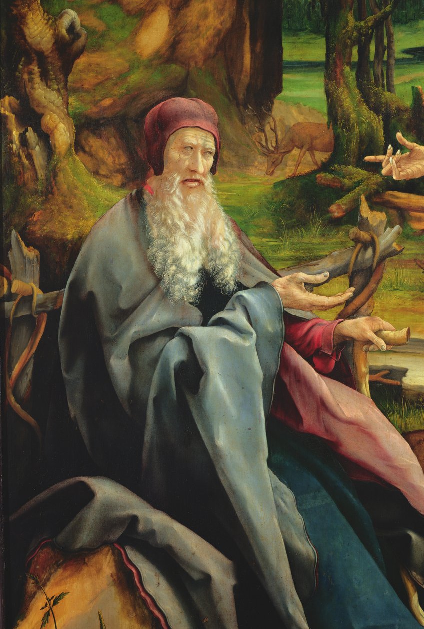 Pyhän Antoniuksen vierailu Erakko Paavalin luona, yksityiskohta Isenheimin alttaritaulusta, n. 1512-16 (öljy puulle) tekijältä Matthias Grünewald