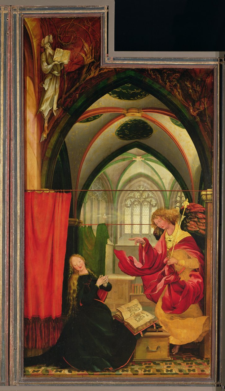 Isenheimin alttaritaulu. Vasen siipi: Ilmoitus tekijältä Matthias Grünewald
