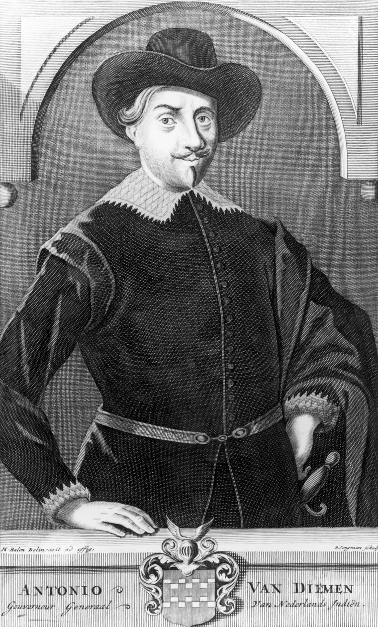 Dirk Jongmanin (s.1684) kaiverrettu muotokuva Antonius van Diemenistä (1593-1645). tekijältä Matthys Balen