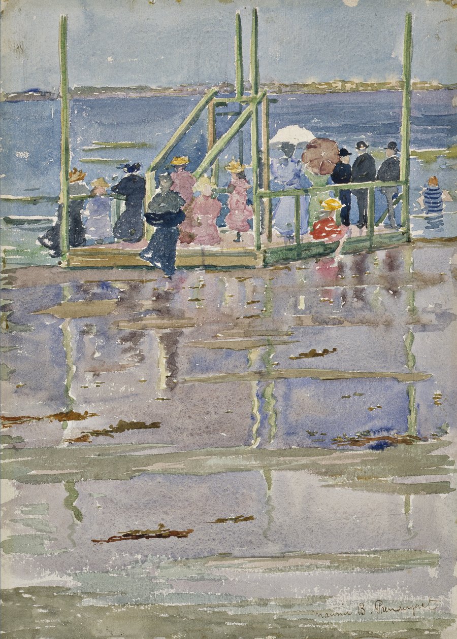 Float at Low Tide, Revere Beach, n. 1896-1897 (wc ja grafiitti kudospaperilla) tekijältä Maurice Brazil Prendergast