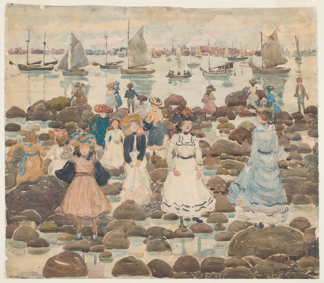 Laskuvesi, Beachmont, n. 1902 (wc grafiitin päällä paperilla) tekijältä Maurice Brazil Prendergast